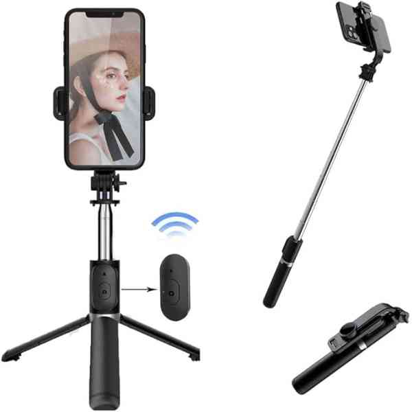 Trépied de Téléphone Extensible Portable 3 en 1 en Acier Inoxydable avec Télécommande Sans Fil Amovible
