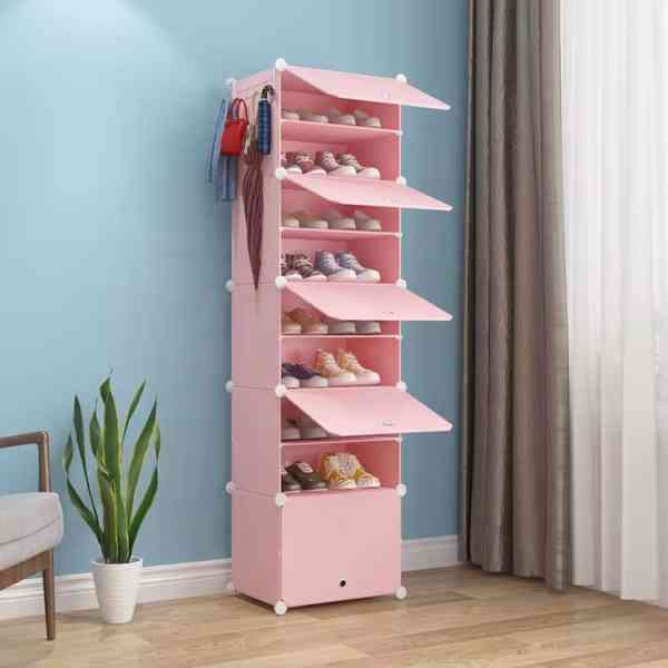 Étagère à chaussures rose avec portes transparentes modulaire pour économiser de l’espace