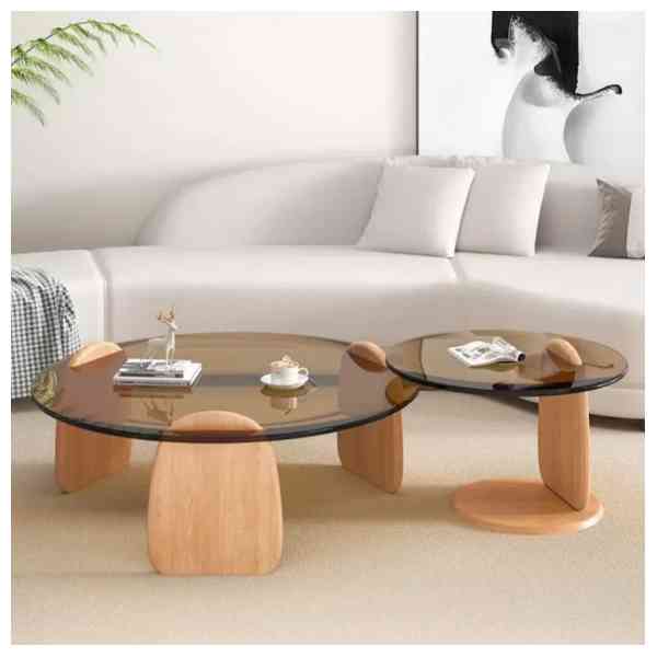 Table basse en verre triangle avec cadre en bois massif