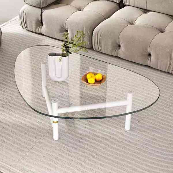 Table basse en verre trempé ovale élégante et cadre en acier clair