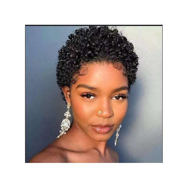 Perruque Bob Pixie Cut Brésilienne Naturelle pour Femme, Cheveux Crépus Bouclés, Afro, Vierge