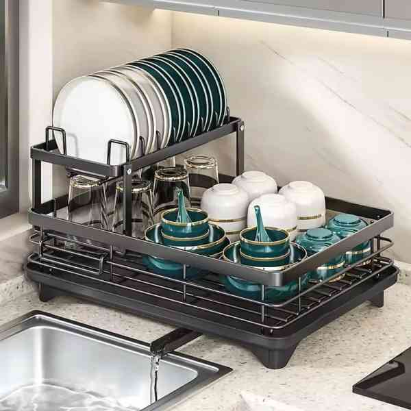 Égouttoir à vaisselle réglable pour cuisine(double couche noire)