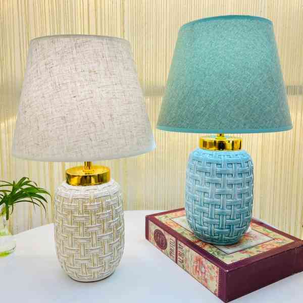 Lampe de table en céramique moderne avec abat-jour en lin fin naturel