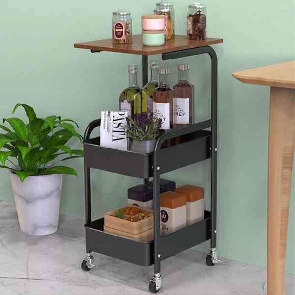 Chariot utilitaire TOOLF à 3 niveaux avec plateau en bois et roulettes verrouillables