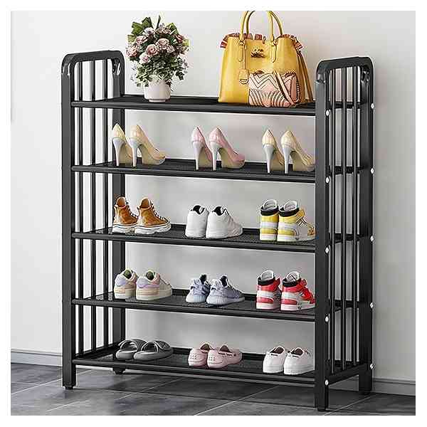 Étagère à chaussures en métal, 5 niveaux, rangement à bord étroit, gain de place, pour couloir, dortoir, salon