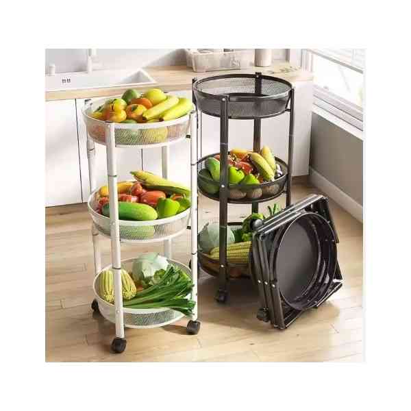 Support de rangement rond pliable pour la cuisine sans installation, panier à fruits et légumes à 3 couches sur pied