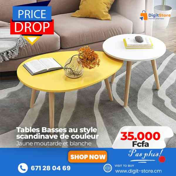 tables basses au style scandinave de couleur ( jaune moutarde et blanche)