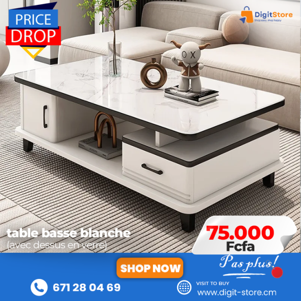 table basse blanche (avec dessus en verre)