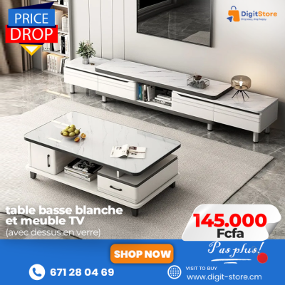 Table basse blanche et meuble TV Panier Festif 145 000 FCFA