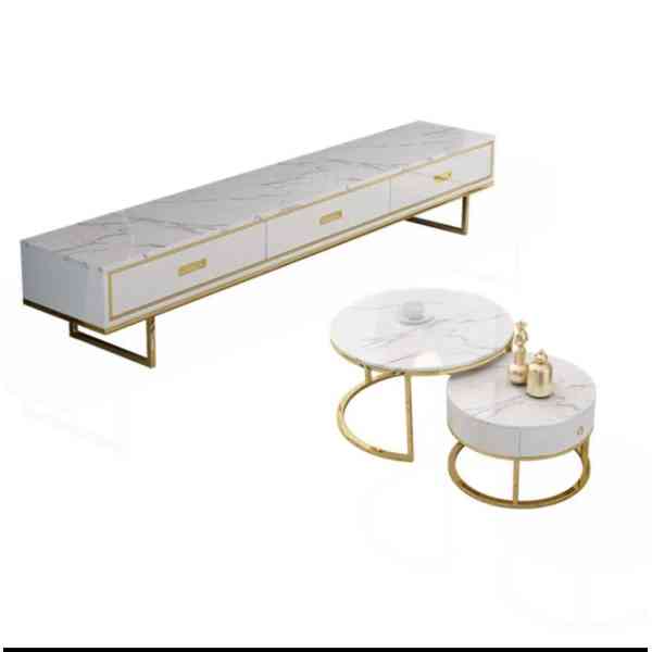 Ensemble de meuble TV et table basse assortie, en marbre, noir et blanc, cadre métallique, meubles d'intérieur, table basse