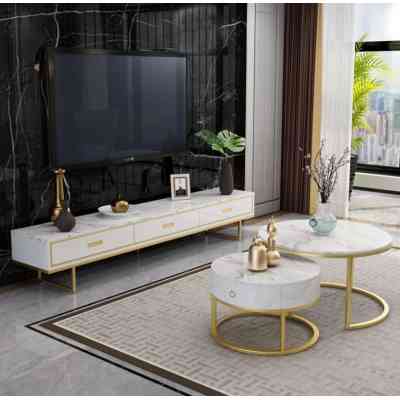 Ensemble de meuble TV et table basse assortie, en marbre, noir et blanc, cadre métallique, meubles d'intérieur, table basse M... Ensemble de meuble TV et table basse assortie, en marbre, noir et blanc, cadre métallique, meubles d'intérieur, table basse M...