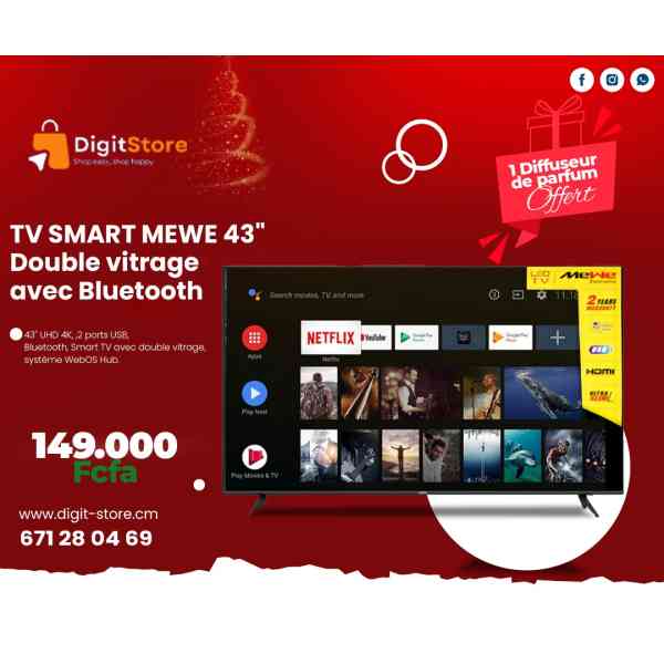 TV SMART MEWE 43¨ double vitrage avec bluetooth