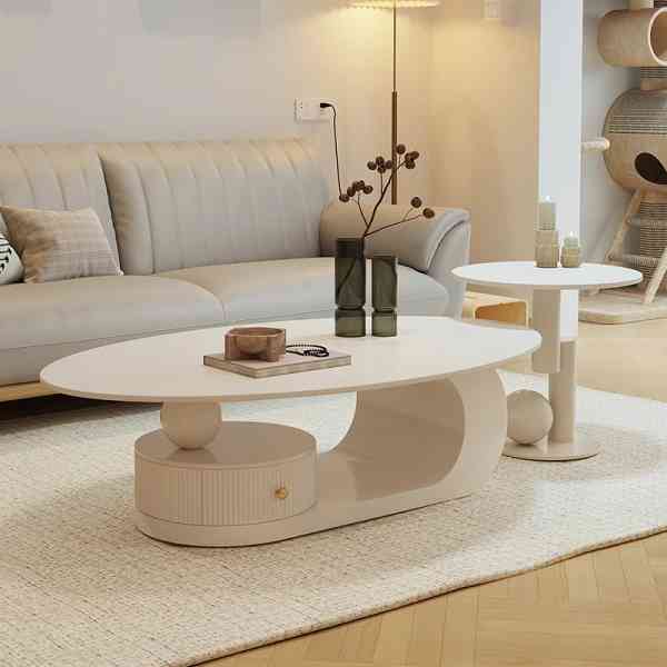 Table basse ovale créative couleur crème – Style italien minimaliste