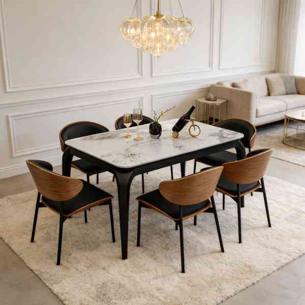 Table à manger rectangulaire de luxe 6 places avec plateau en ardoise